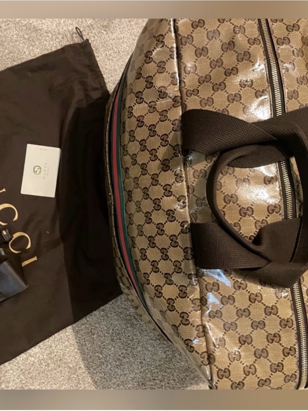 Gucci Beige Brown GG Canvas Duffel with Green-Red Stripe